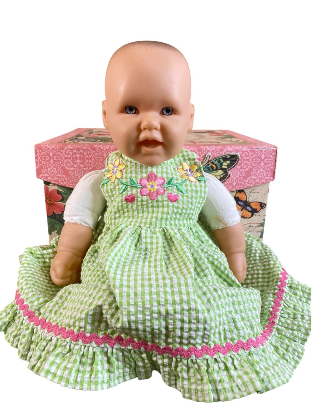 Vinyl Babydoll Green Gingham Embroidered Dress Pink Trim Moveable Arms Legs